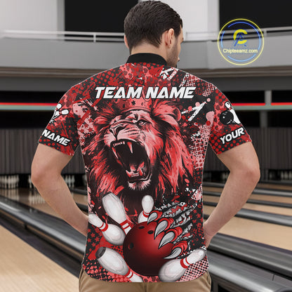 Red Camo Lion roar Bowling Polo, Quarter Zip Shirts for Men Custom Lion Bowling Team jerseys NQS11523