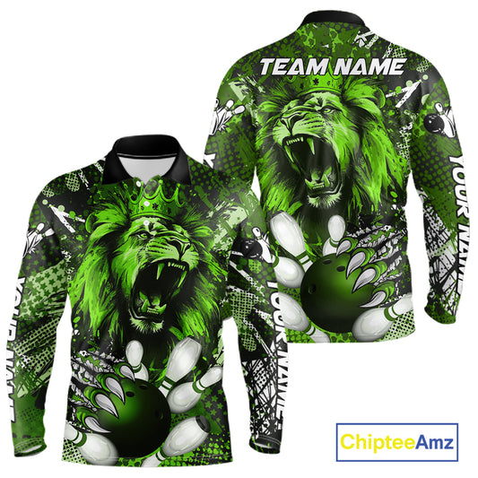Green Camo Lion roar Bowling Polo, Quarter Zip Shirts for Men Custom Lion Bowling Team jerseys NQS11524