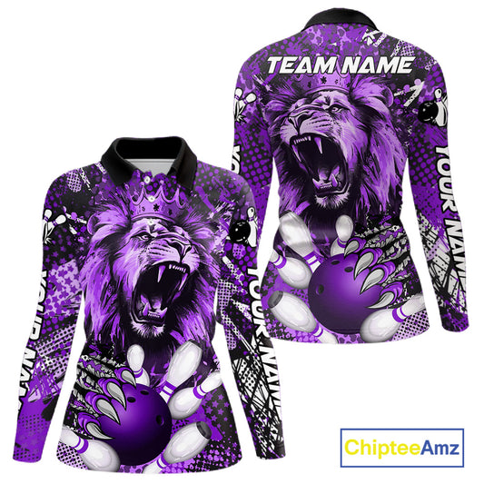 Purple Camo Lion roar Bowling Polo, Quarter Zip Shirts for Women Custom Lion Bowling Team jerseys NQS11525
