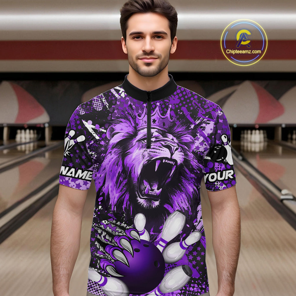 Purple Camo Lion roar Bowling Polo, Quarter Zip Shirts for Men Custom Lion Bowling Team jerseys NQS11525