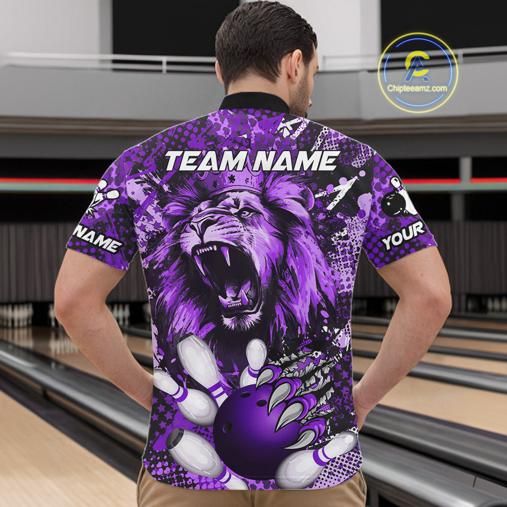 Purple Camo Lion roar Bowling Polo, Quarter Zip Shirts for Men Custom Lion Bowling Team jerseys NQS11525