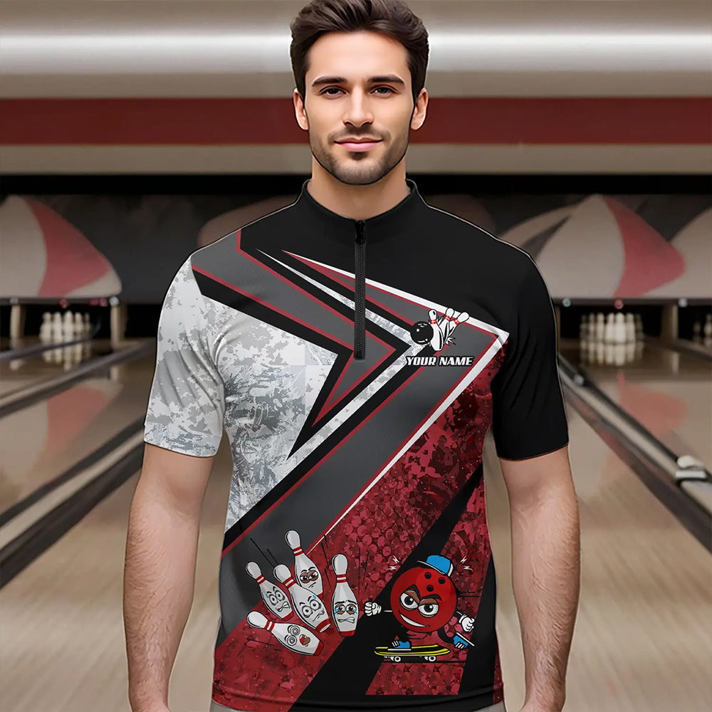 Funny Bowling ball and Pins Mens bowling shirt Custom Camo Bowling Team Jersey, gift for Bowler | Red NQS9604