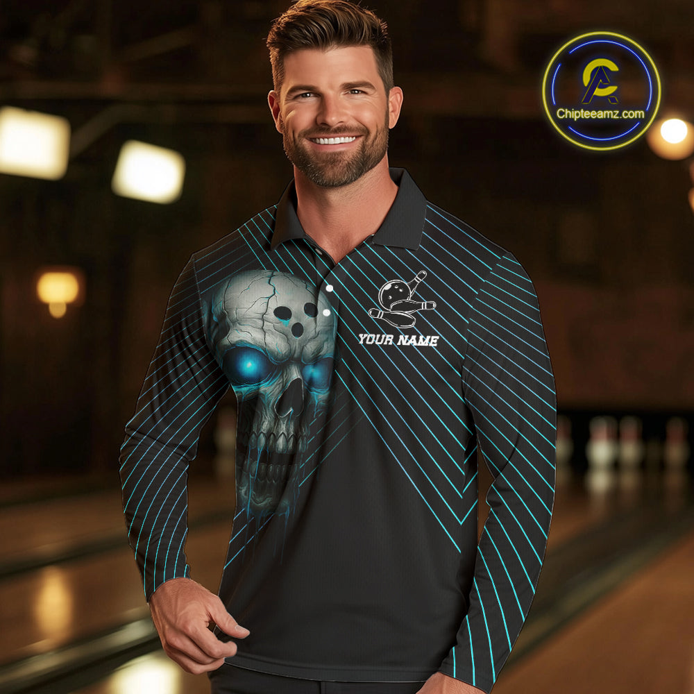 Black and Blue Skull Bowling Polo, Quarter Zip Shirts For Men Custom Bowling Team Jerseys Outfits NQS10171