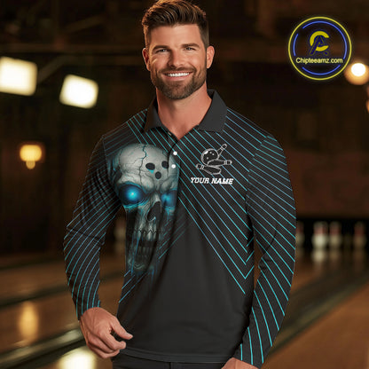 Black and Blue Skull Bowling Polo, Quarter Zip Shirts For Men Custom Bowling Team Jerseys Outfits NQS10171