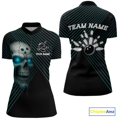 Black and Blue Skull Bowling Polo, Quarter Zip Shirts For Women Custom Bowling Team Jerseys Outfits NQS10171