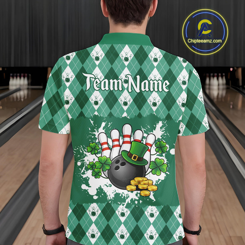 Argyle pattern St Patrick Green Bowling Polo, 1/4 zip shirts for Men Custom team bowling jerseys NQS11535