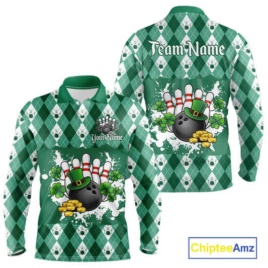 Argyle pattern St Patrick Green Bowling Polo, 1/4 zip shirts for Men Custom team bowling jerseys NQS11535