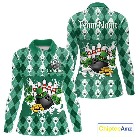 Argyle pattern St Patrick Green Bowling Polo, 1/4 zip shirts for Women Custom team bowling jerseys NQS11535