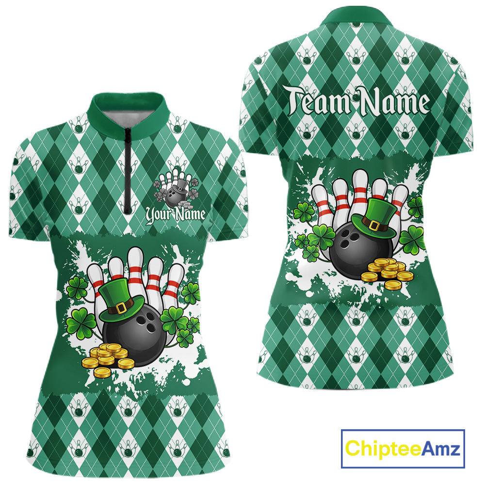 Argyle pattern St Patrick Green Bowling Polo, 1/4 zip shirts for Women Custom team bowling jerseys NQS11535