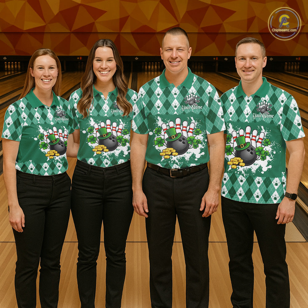 Argyle pattern St Patrick Green Bowling Polo, 1/4 zip shirts for Men Custom team bowling jerseys NQS11535