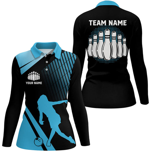 Black and Blue retro Bowling Polo Shirt for Women Custom Bowling ball and pins Team League Jerseys NQS7532