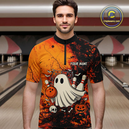 Custom Orange Boo Bowling Men Polo, Quarter Zip Shirts Bowling League Team Jerseys Halloween Outfits NQS10523