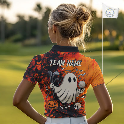 Custom Orange Halloween Boo Golf Polo Shirts for Women, Halloween Ladies Golf Outfits NQS10524