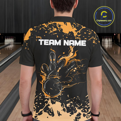 Personalized Black and Orange Bowling Shirts For Men, Bowling Balls And Pins Bowling Team Shirts NQS10743