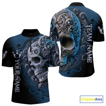 Blue and Black Skull Scroll Men Bowling Polo, Quarter Zip Shirts Custom Skull Team bowling Jersey NQS10939