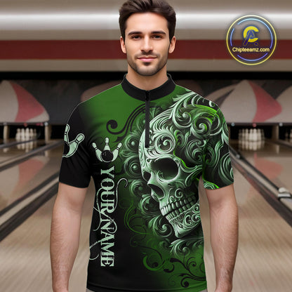 Green and Black Skull Scroll Men Bowling Polo, Quarter Zip Shirts Custom Skull Team bowling Jersey NQS10940