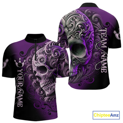 Purple and Black Skull Scroll Men Bowling Polo, Quarter Zip Shirts Custom Skull Team bowling Jersey NQS10941