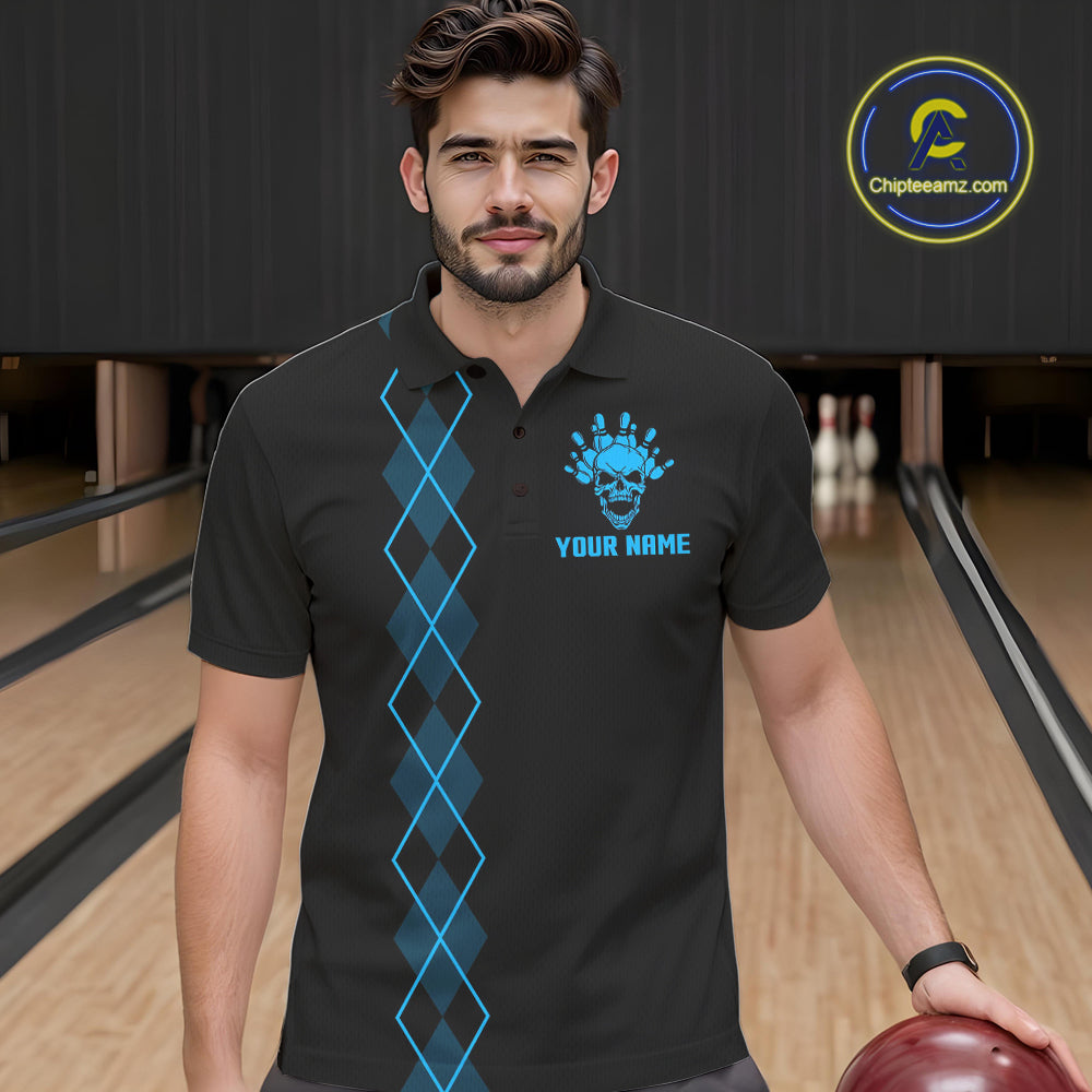 Custom Black and Blue argyle American Flag Skull retro Mens Bowling Shirts patriotic Team Jerseys NQS11132