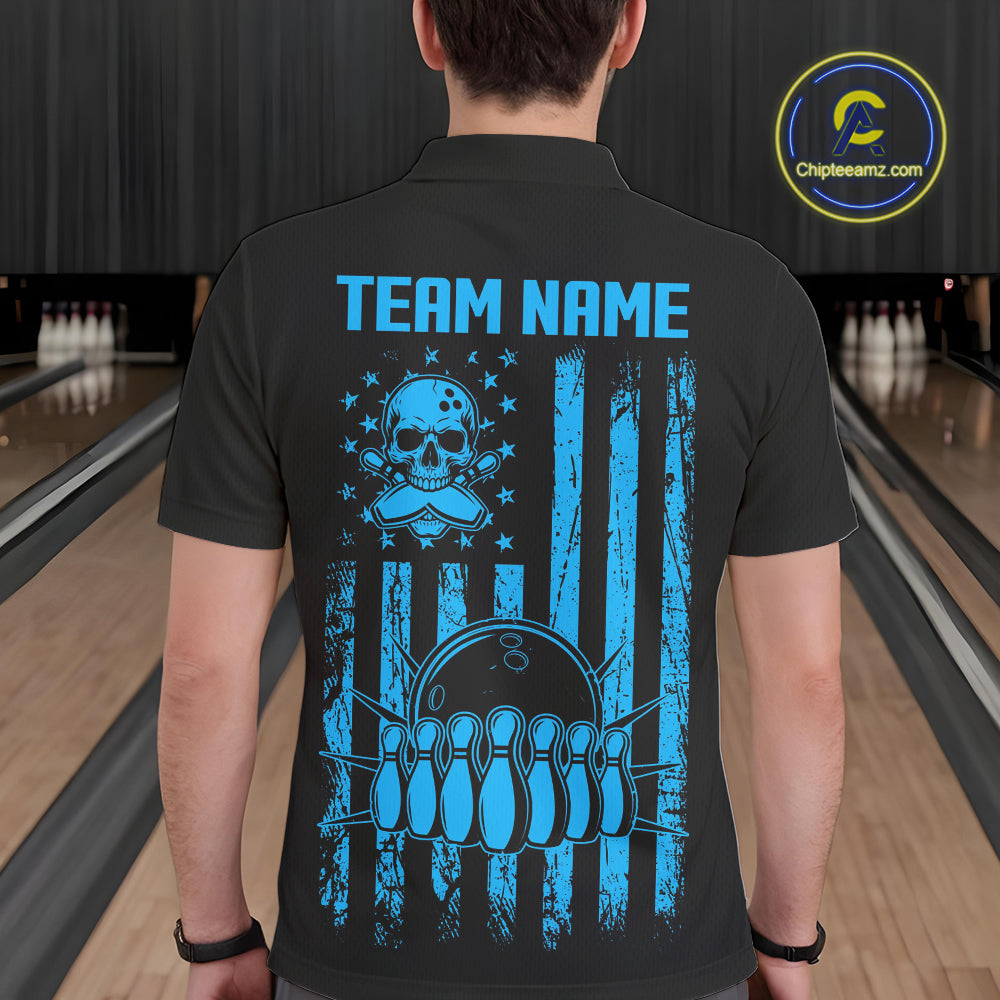 Custom Black and Blue argyle American Flag Skull retro Mens Bowling Shirts patriotic Team Jerseys NQS11132