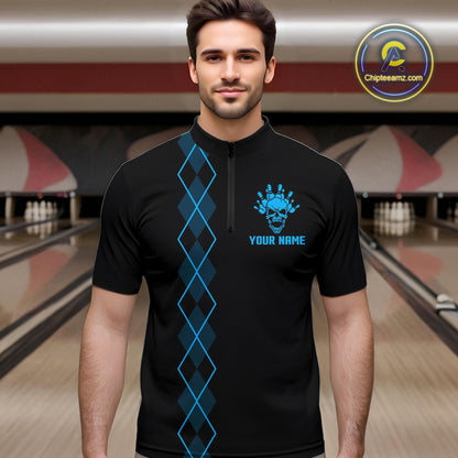 Custom Black and Blue argyle American Flag Skull retro Mens Bowling Shirts patriotic Team Jerseys NQS11132