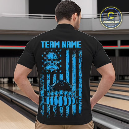 Custom Black and Blue argyle American Flag Skull retro Mens Bowling Shirts patriotic Team Jerseys NQS11132