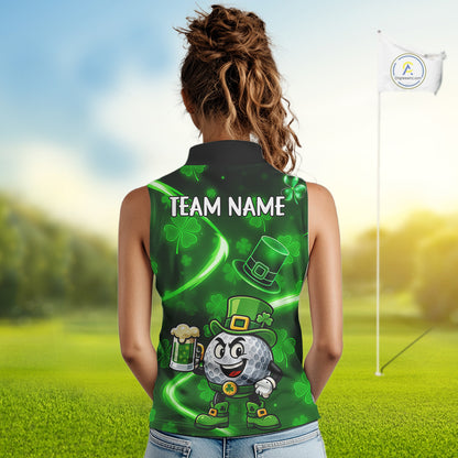 Green shamrock pattern Funny Sleeveless polo shirt Custom St Patrick's Day Lucky ladies golf outfit NQS11134