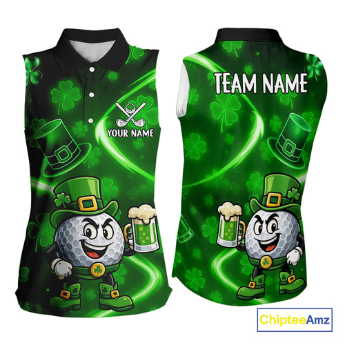 Green shamrock pattern Funny Sleeveless polo shirt Custom St Patrick's Day Lucky ladies golf outfit NQS11134