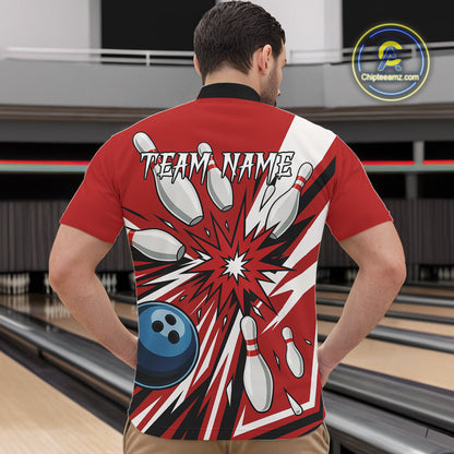 Custom Red Bowling Polo, Quarter Zip Shirts For Men, Team Bowling Uniforms League Shirts NQS11135