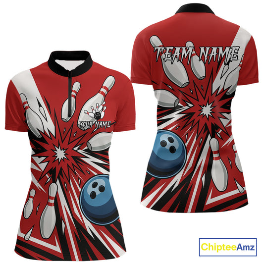 Custom Red Bowling Polo, Quarter Zip Shirts For Women, Team Bowling Uniforms League Shirts NQS11135