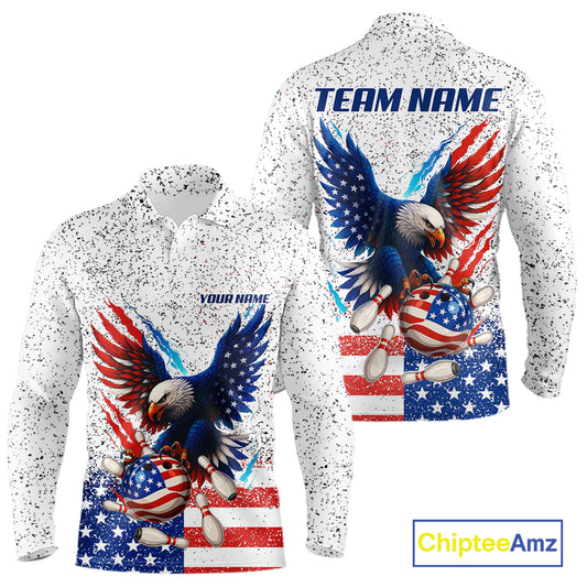 Grunge American Flag Eagle Bowling Polo, 1/4 Zip Shirt For Men Custom patriotic Team Bowling jerseys NQS11327