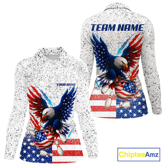 Grunge American Flag Eagle Bowling Polo, 1/4 Zip Shirt For Women Custom patriotic Team Bowling jersey NQS11327