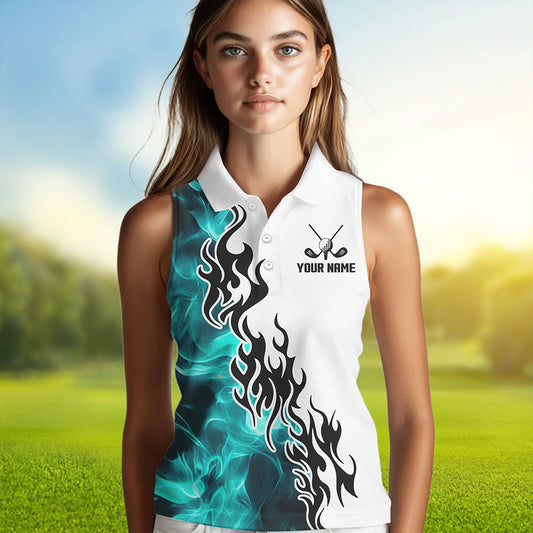 Blue Turquoise Flame pattern Black White Womens sleeveless polo shirts custom golf attire for women NQS9436
