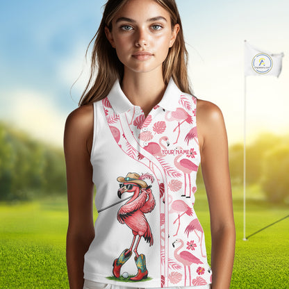 Funny White and Pink Flamingo sleeveless golf polo shirts Custom team Flamingo golf outfit ladies NQS11546