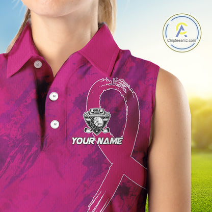 Pink Ribbons pattern Women sleeveless polo shirts custom ladies's breast cancer awareness polo shirts NQS10319