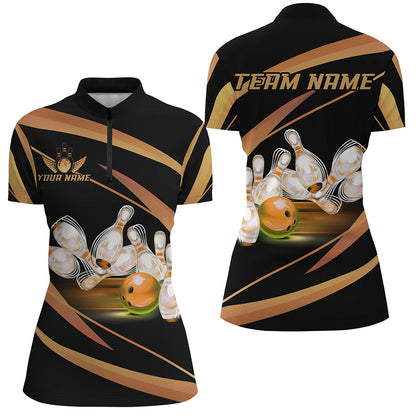 Personalized Black And Gold Bowling Shirts For Women, Custom Team Bowling League Jerseys NQS8347