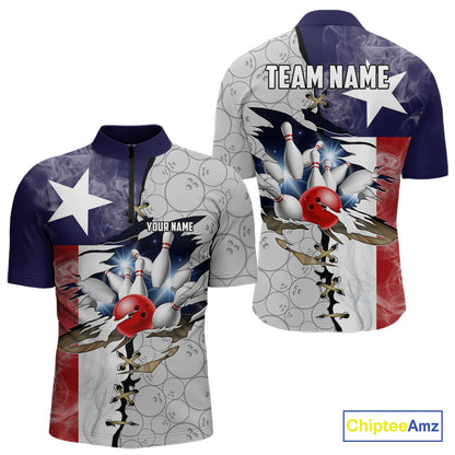 Smoke Texas Flag Gray Camo Bowling Polo, 1/4 Zip shirt for men Custom patriotic Team bowling jersey NQS10532