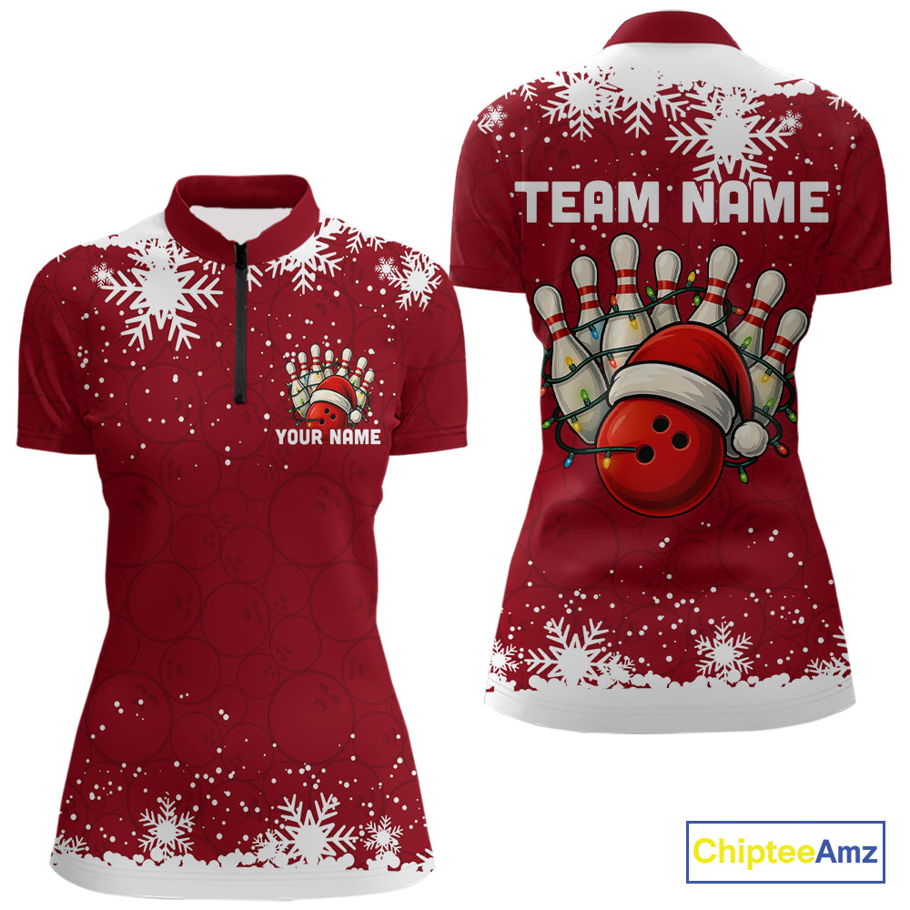 Red Christmas Bowling snowflake Women's Bowling Polo, Quarter Zip shirts Custom Xmas Bowling Outfits NQS10949