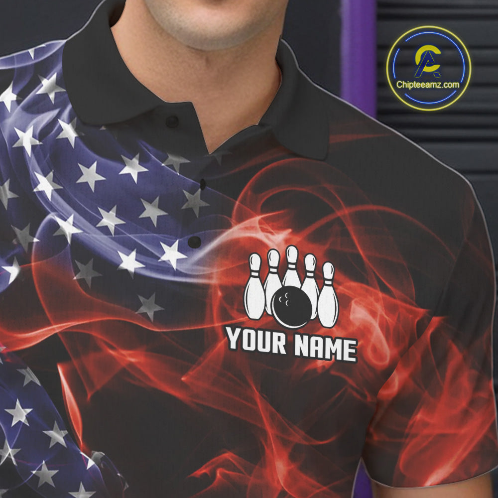 Personalized US Flag Smoke Bowling Shirts For Men Custom Patriotic Team Bowling Jerseys NQS11136