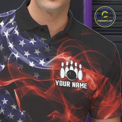 Personalized US Flag Smoke Bowling Shirts For Men Custom Patriotic Team Bowling Jerseys NQS11136