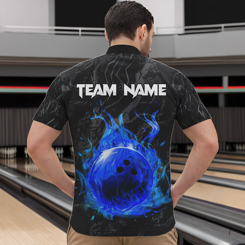 Black Camo Panther Blue Flame Bowling Polo, 1/4 Zip Shirts For Men Custom Bowling Team League Jersey NQS9443