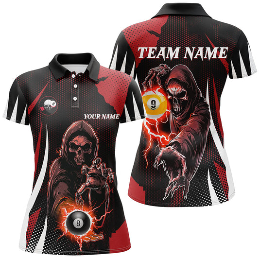 Funny Red Grim Reaper With Billiard 8 Ball & 9 Ball Women Polo Shirts Custom Billiard Team Jersey TDM1340