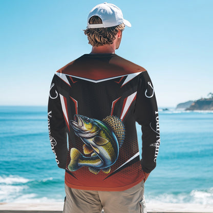 Black and Orange Walleye Long Sleeve Fishing Shirt, Personalized Walleye Fishing Tounament Jersey NQS9772