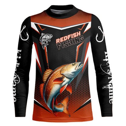 Black and Orange Redfish Long Sleeve Fishing Shirt, Personalized Red Drum Fishing Tounament Jersey NQS9774