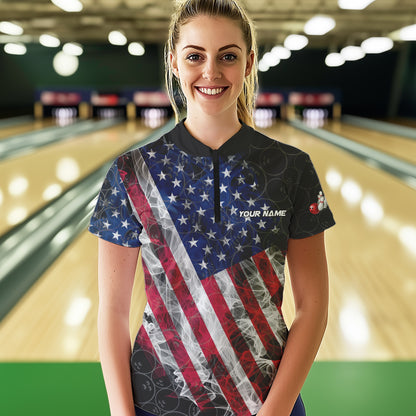 Smoke American Flag Black Bowling Camo shirts for Women Custom patriotic Team bowling jersey NQS9779