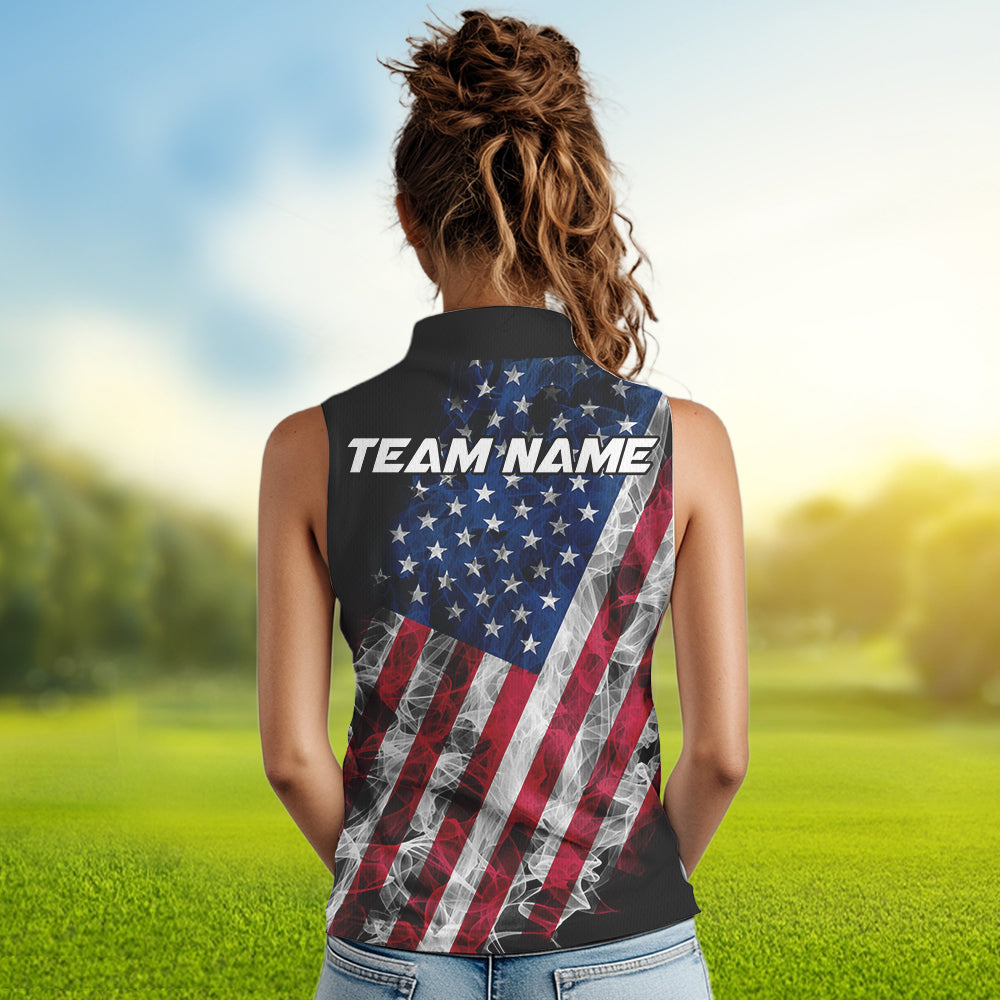 Smoke American Flag Black Women Sleeveless Golf Polo shirt Custom patriotic Team golf uniform jersey NQS9780