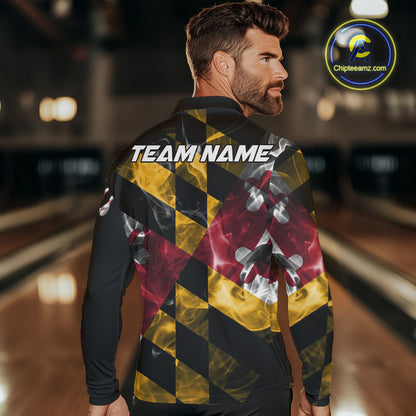 Smoke Maryland Flag Black Bowling Polo, 1/4 Zip shirt for men Custom patriotic Team bowling jersey NQS10322