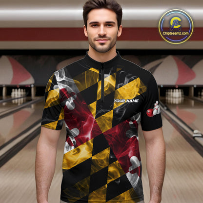 Smoke Maryland Flag Black Bowling Polo, 1/4 Zip shirt for men Custom patriotic Team bowling jersey NQS10322