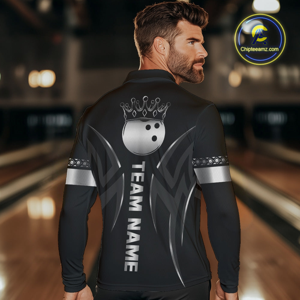 Black and Silver crown Bowling ball Polo, Quarter Zip Shirts for Men Custom Bowling Team jerseys NQS10537