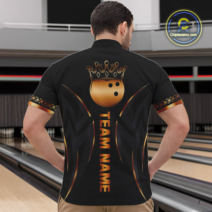 Black and Orange crown Bowling ball Polo, Quarter Zip Shirts for Men Custom Bowling Team jerseys NQS10538
