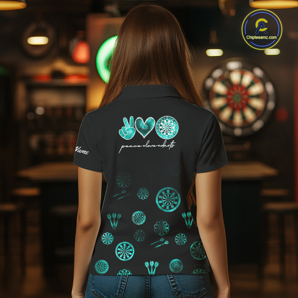 Personalized Turquoise Black Camo Darts Shirts For Women Custom Peace Love Darts Team Jerseys NQS10542
